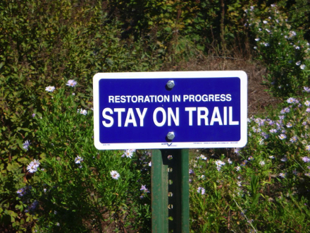 Sign says “Restoration in progress, Stay On Trail”